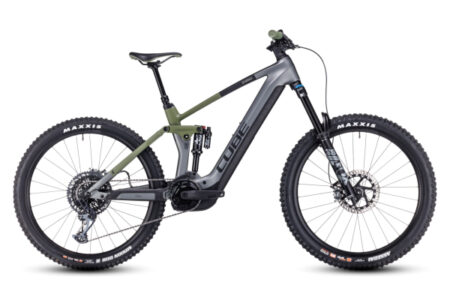 VTT ÉLECTRIQUE TOUT-SUSPENDU CUBE STEREO HYBRID 160 HPC TM 750 27.5 SRAM GX EAGLE 12V 750 WH 27.5'' GRIS FLASH VERT OLIVE 2023
